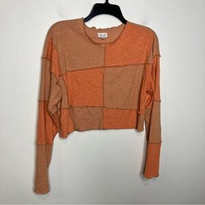 Le Lis long sleeve patchwork cropped top orange peach womens size small trendy